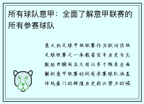 所有球队意甲：全面了解意甲联赛的所有参赛球队